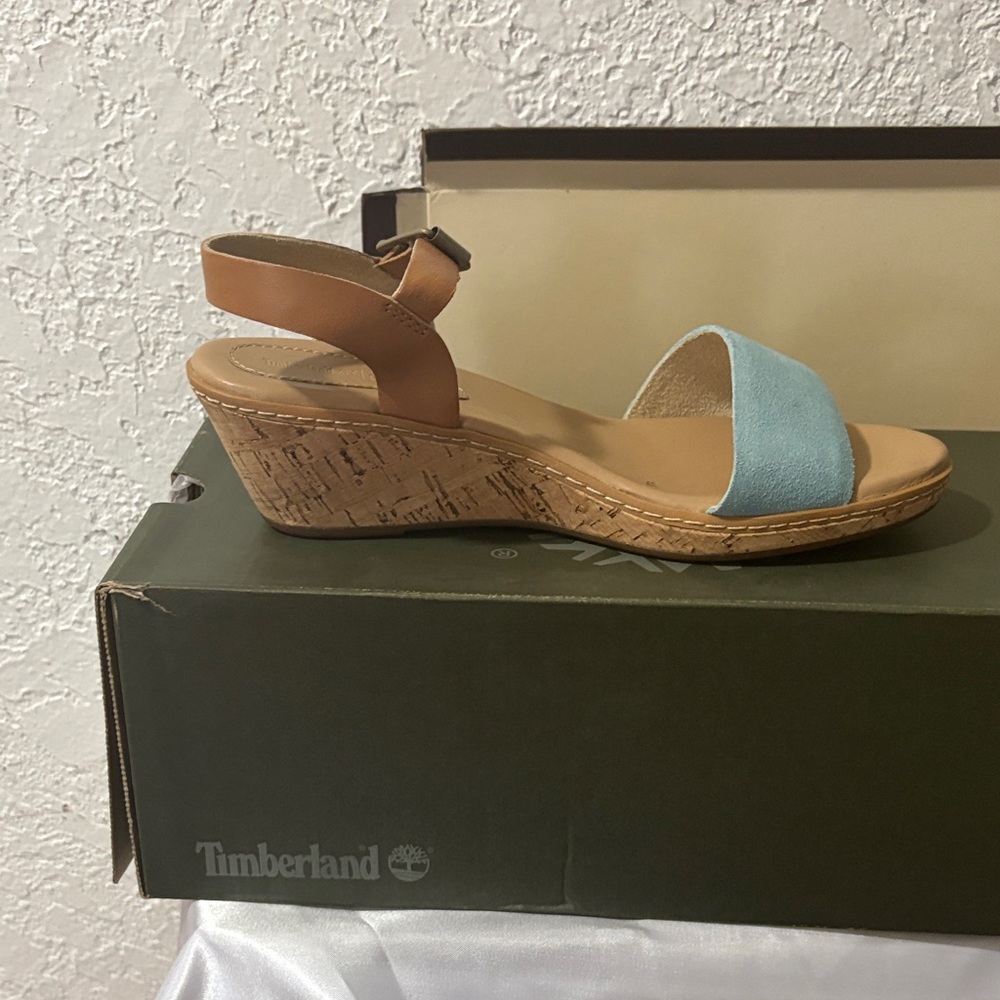 Timberland Women's Light Blue Suede and Tan Cork Wedge Sandals